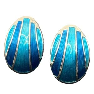 David Andersen Norway blue guilloche enamel sterling silver clip on earrings
